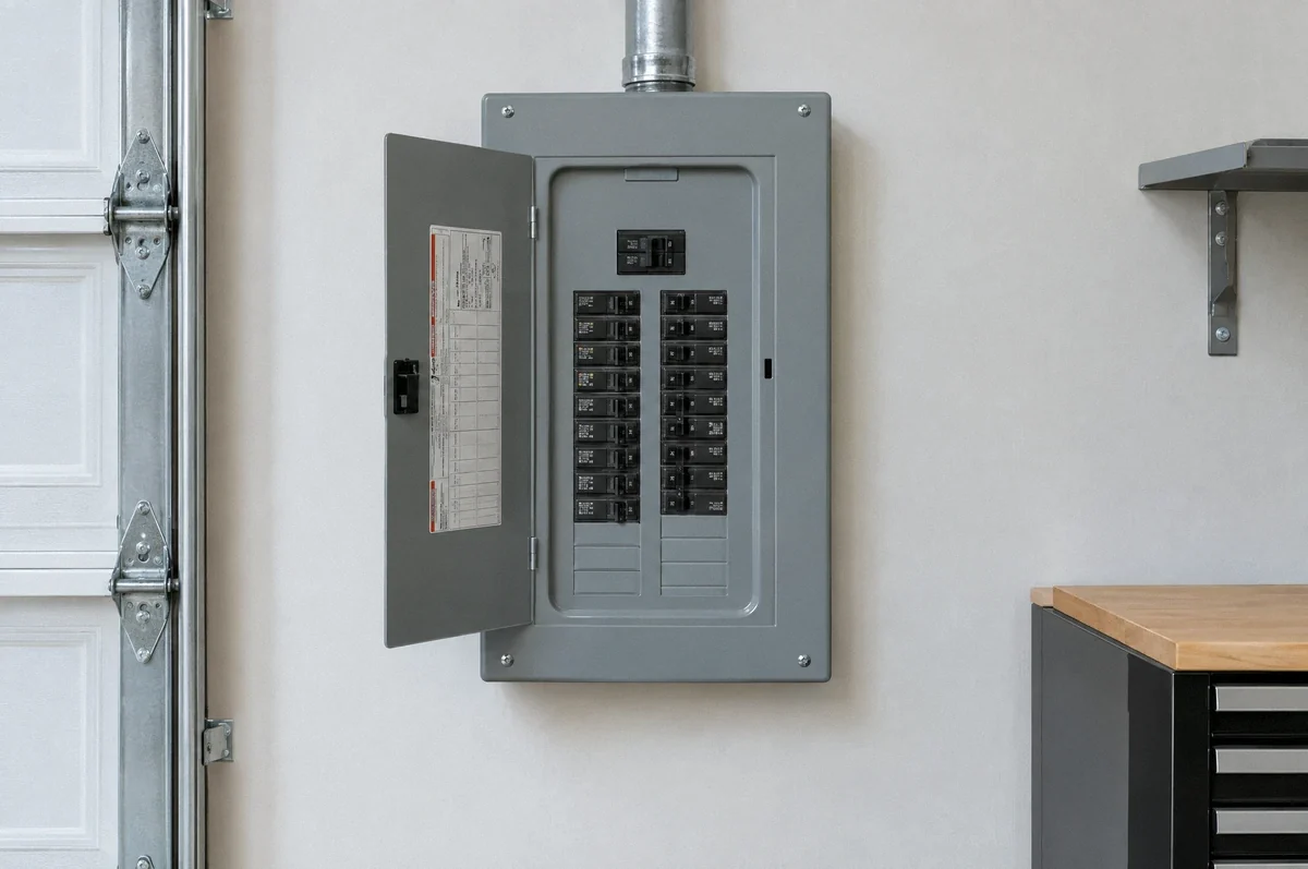 Illustration of a compact electrical subpanel with its door open in a garage.