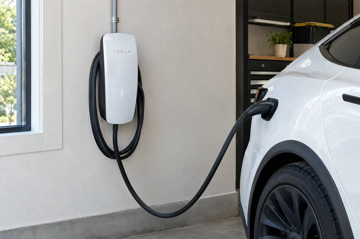 Illustration of a white Tesla Wall Connector charging a vehicle in a garage.