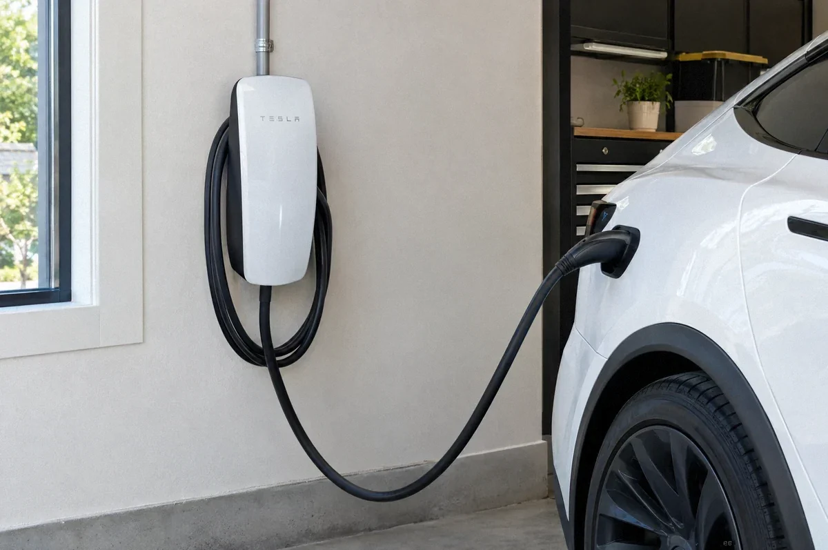Illustration of a white Tesla Wall Connector charging a vehicle in a garage.