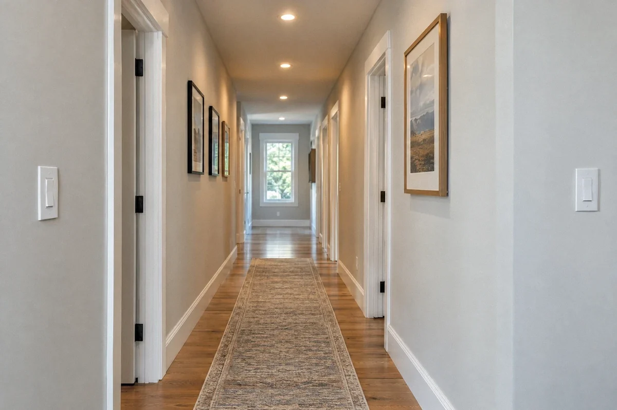 Illustration of wall switches at different entrances to a residential hallway.