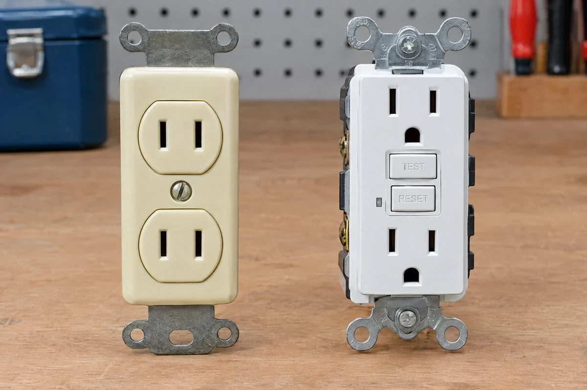Illustration of a two-slot ungrounded receptacle beside a GFCI receptacle on a workbench.