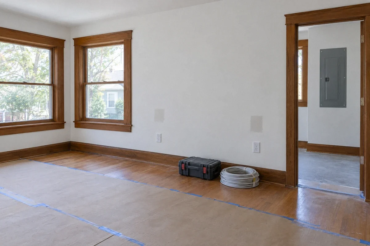 Illustration of an older room with repaired wall openings, new outlets, and floor protection during rewiring work.