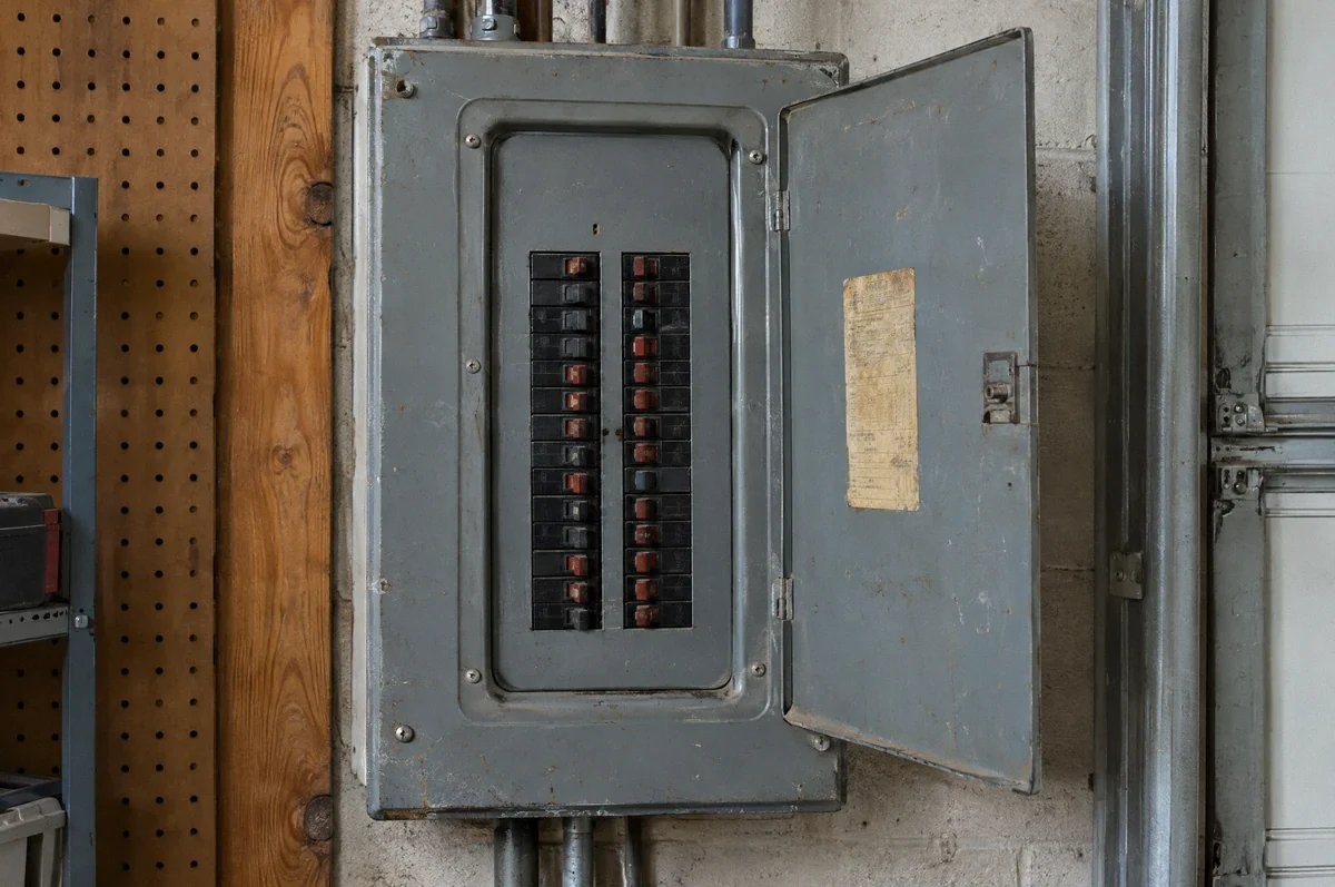 Illustration of an older electrical panel with its door open, illustrating a legacy-equipment assessment rather than a specific manufacturer.
