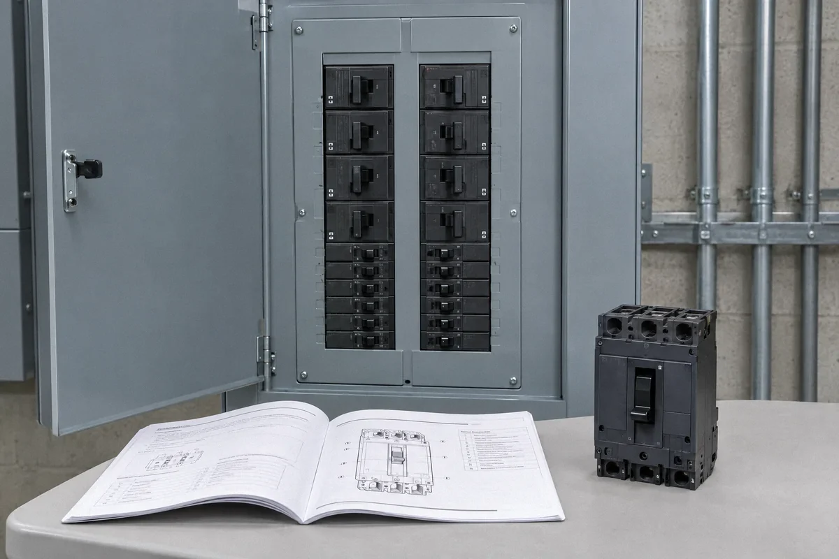 Illustration of commercial circuit breakers and equipment documentation prepared for review