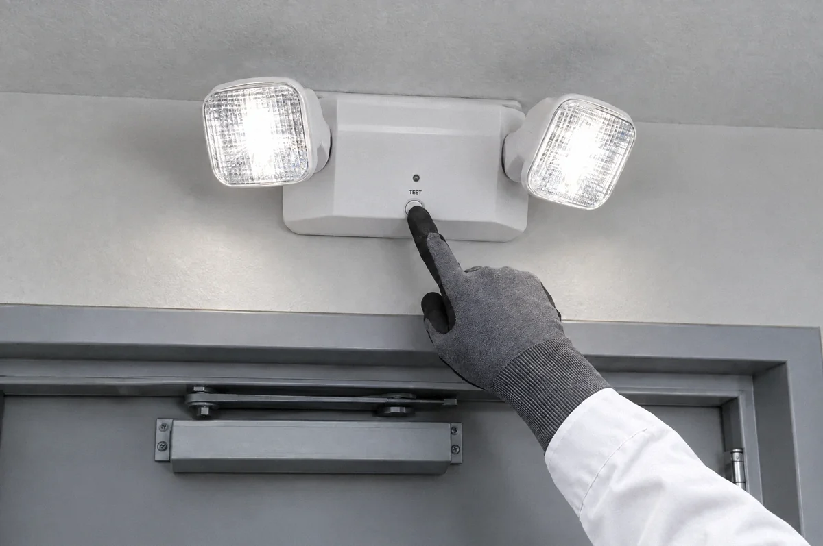 Illustration of testing an emergency light fixture at a commercial exit