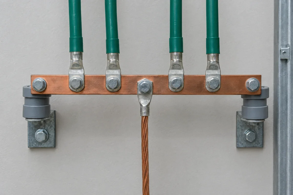 Illustration of a bonding busbar and grounding conductors in an electrical room