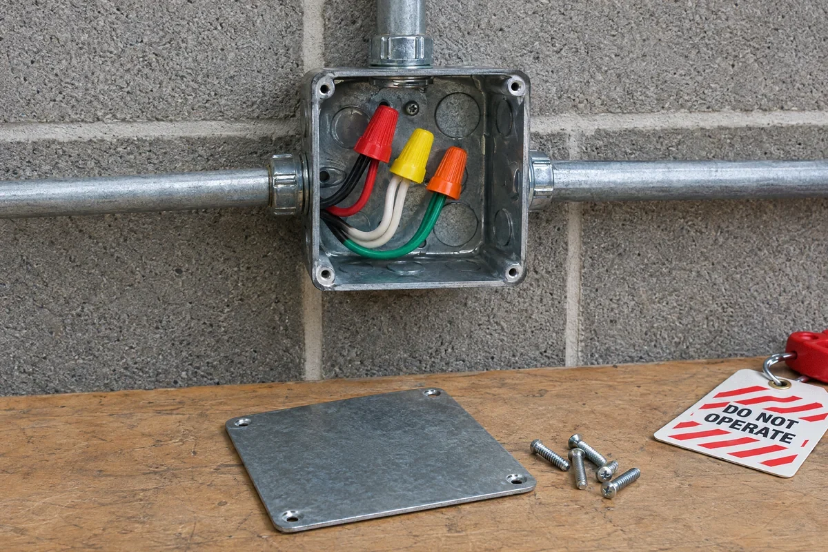 Illustration of a junction box and its removed cover during an electrical assessment