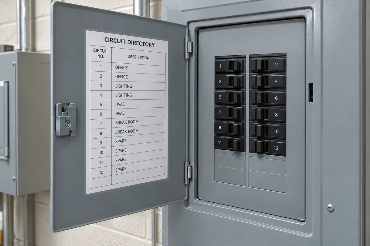 Illustration of a commercial panel circuit directory beside numbered breaker handles