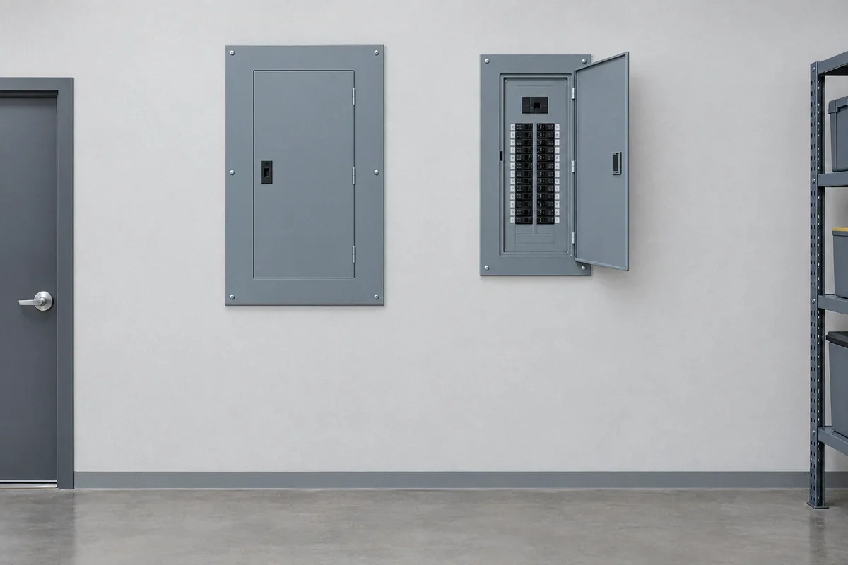 Illustration of an added commercial panel beside a main panel with wiring concealed inside the wall
