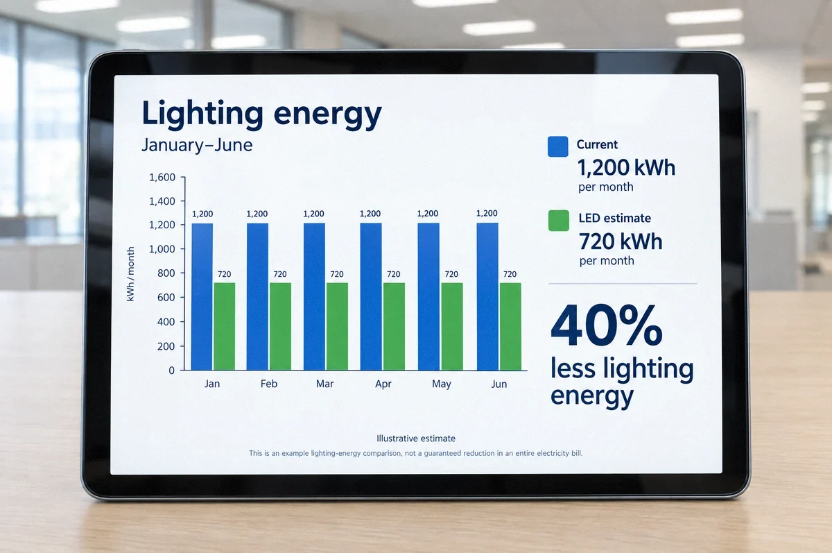 Illustrative tablet chart comparing six months of lighting energy with an estimated LED reduction