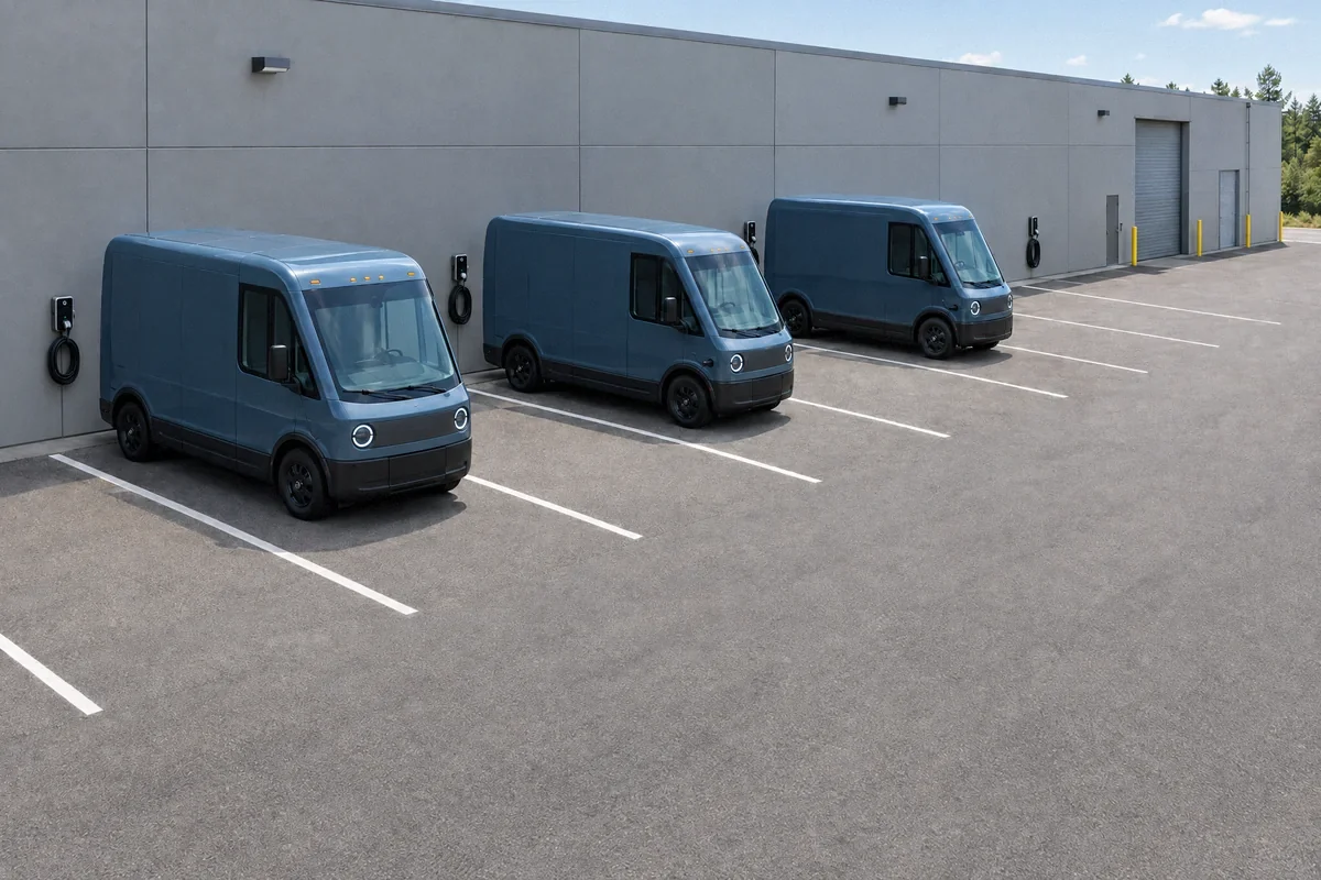 Illustration of electric delivery vans parked beside wall-mounted depot chargers with a clear access aisle
