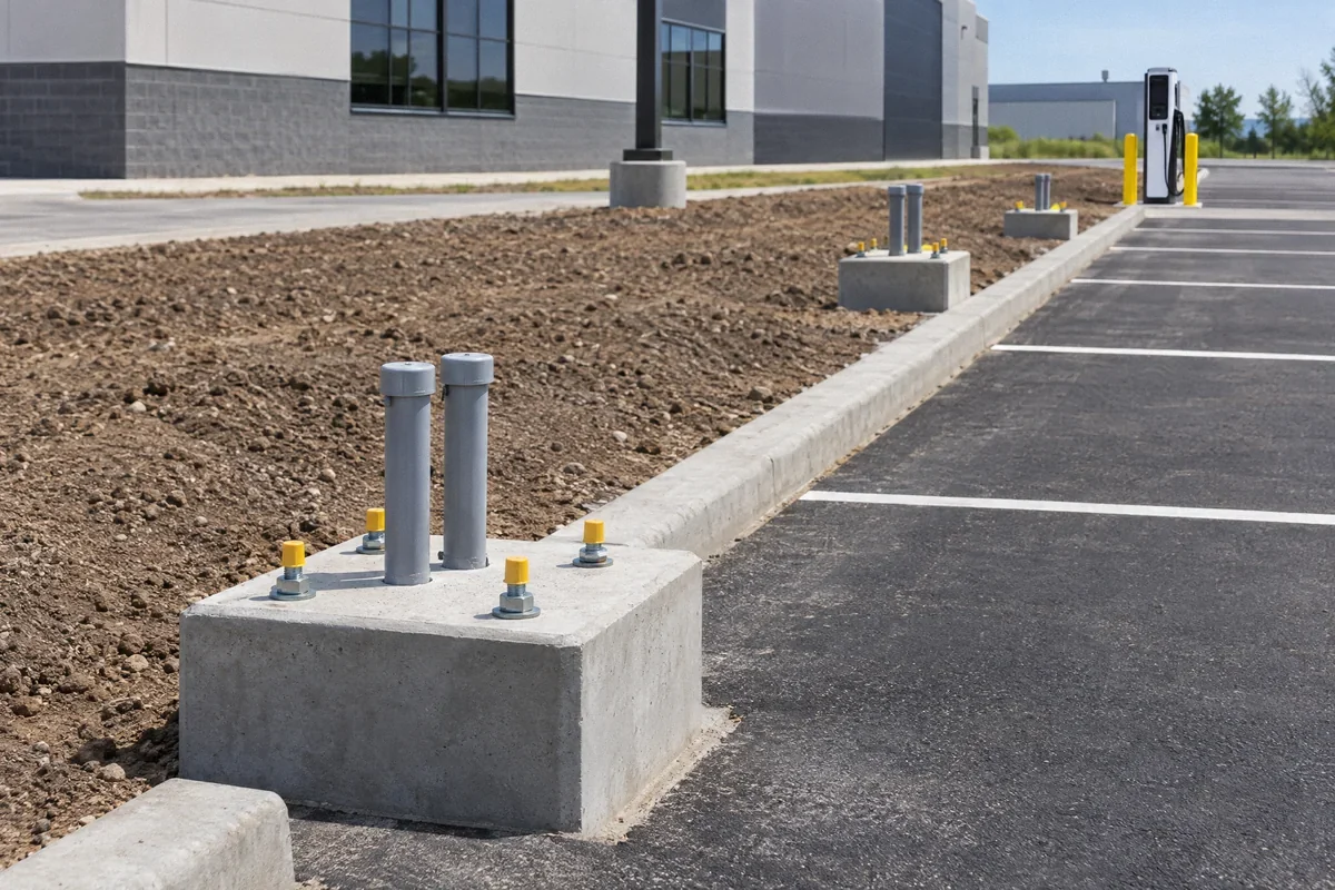 Illustration of capped conduits and prepared foundations for future charging stations
