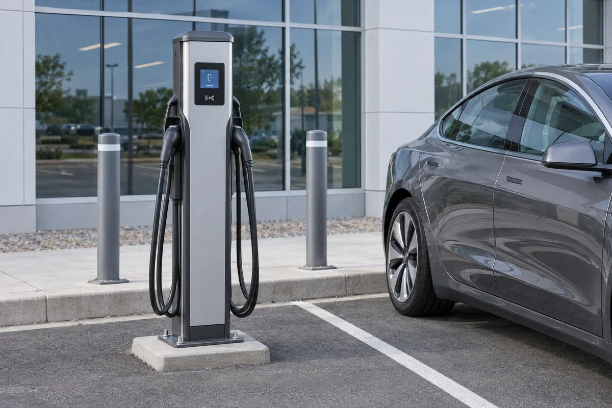 Illustration of a commercial Level 2 charging pedestal beside marked parking