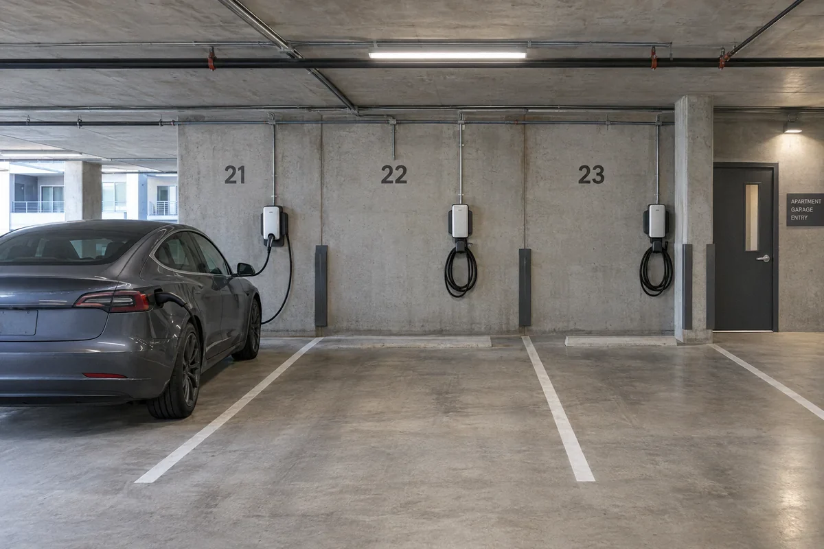 Illustration of charging stations serving resident spaces in a shared apartment garage