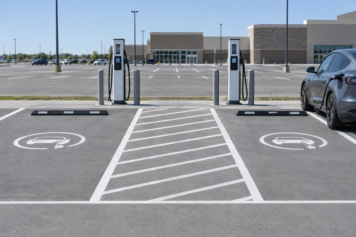 Illustration of public charging stations with payment interfaces and pedestrian access