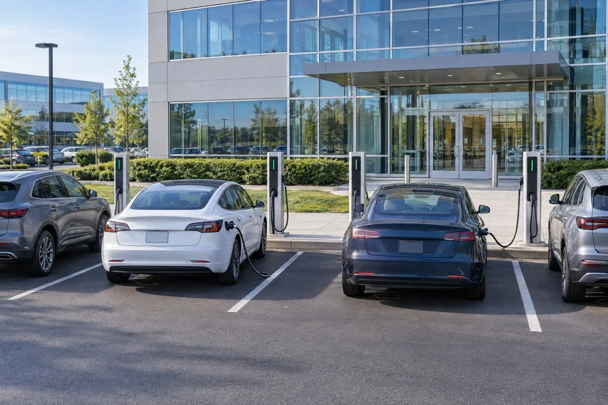 Illustration of an office parking area with employee vehicle charging stations