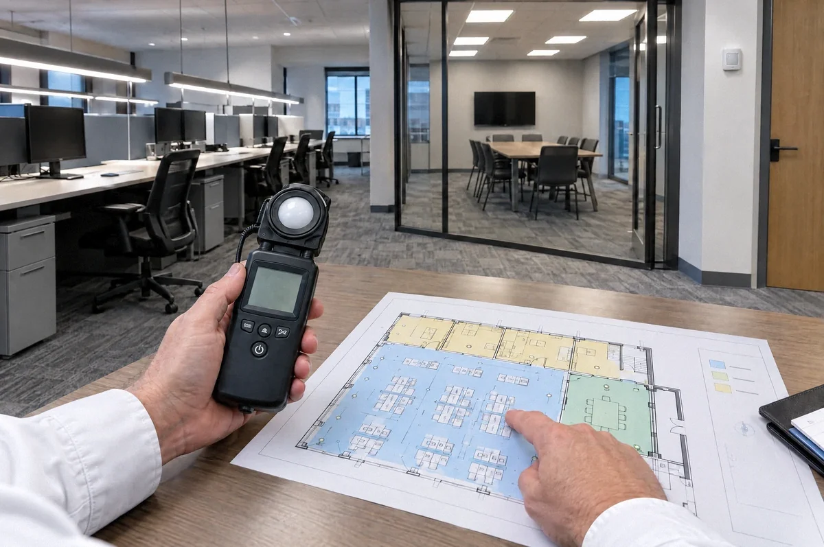 Illustration of an office lighting walkthrough using a light meter and lighting plan