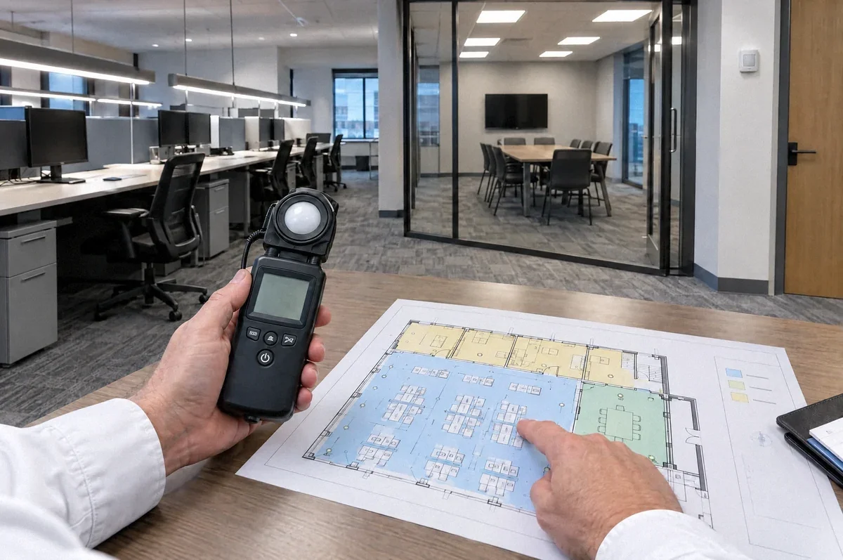 Illustration of an office lighting walkthrough using a light meter and lighting plan