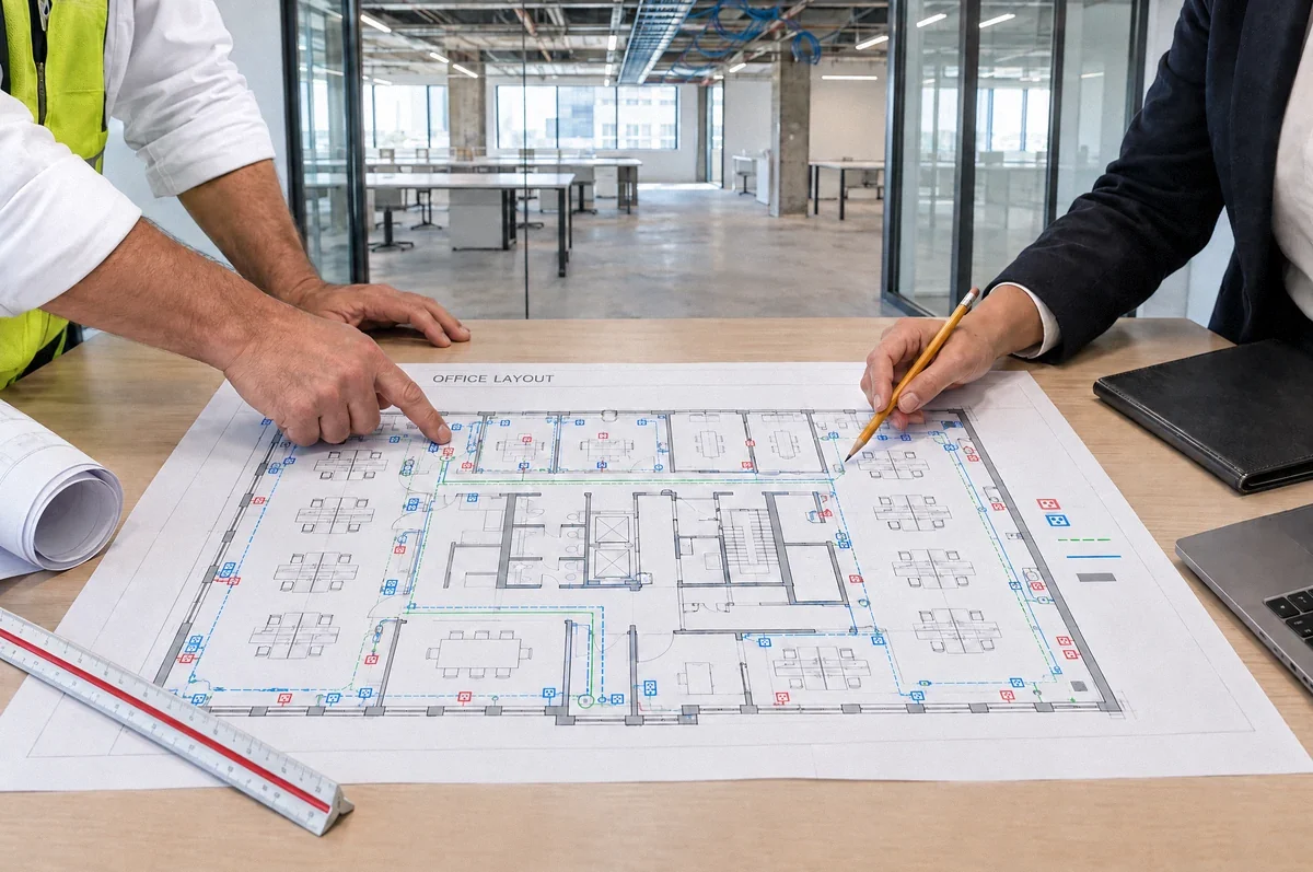 Illustration of an office furniture and electrical layout being reviewed on a table