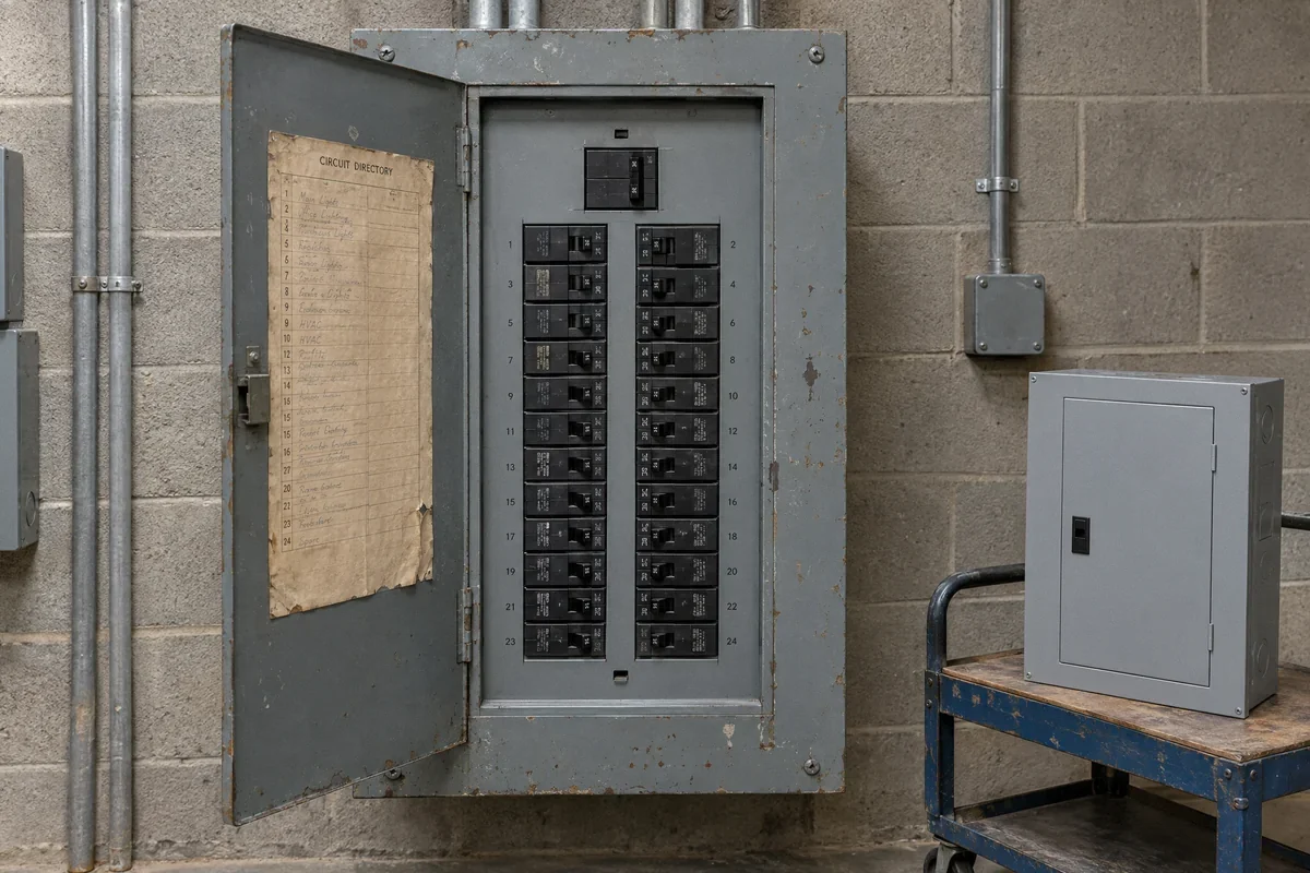 Illustration of an older commercial panelboard being assessed for replacement