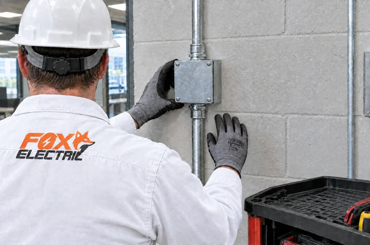 Illustration of a technician fitting a junction-box cover during a commercial correction visit