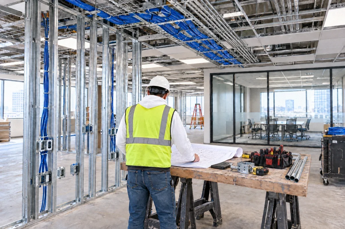 Illustration of electrical work during an office tenant build-out