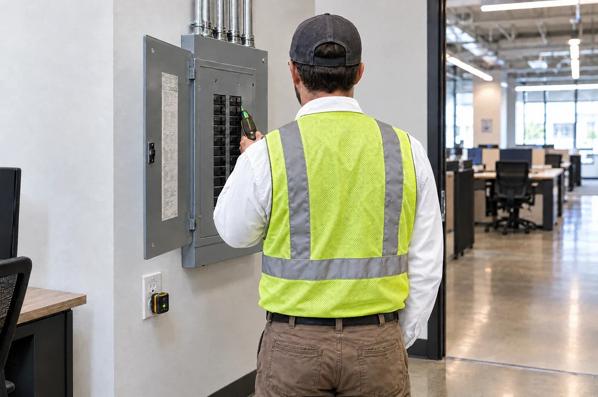 Illustration of a technician tracing a commercial circuit at a covered breaker panel