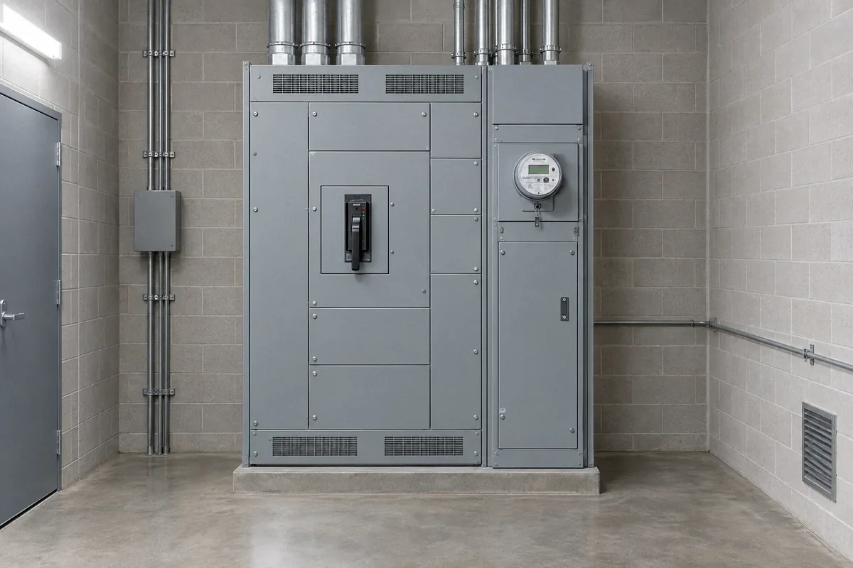 Illustration of a commercial main service assembly with metering and a main breaker