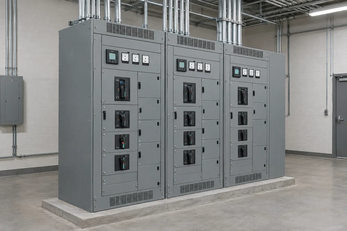 Illustration of a commercial switchboard lineup with enclosed distribution sections