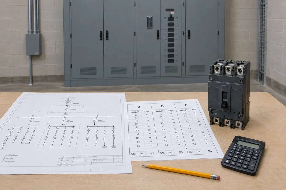 Illustration of a three-phase load schedule, electrical drawings, and commercial distribution equipment