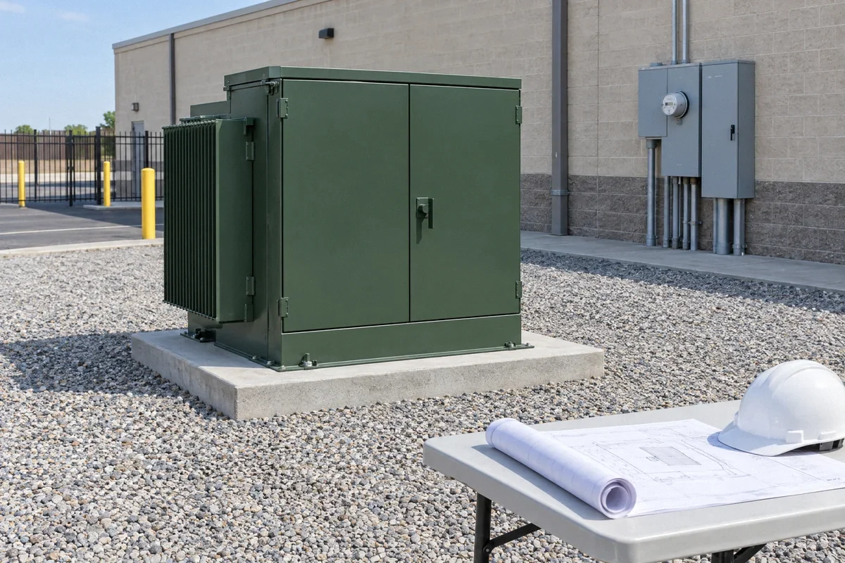 Illustration of a utility transformer and commercial service equipment beside a site plan