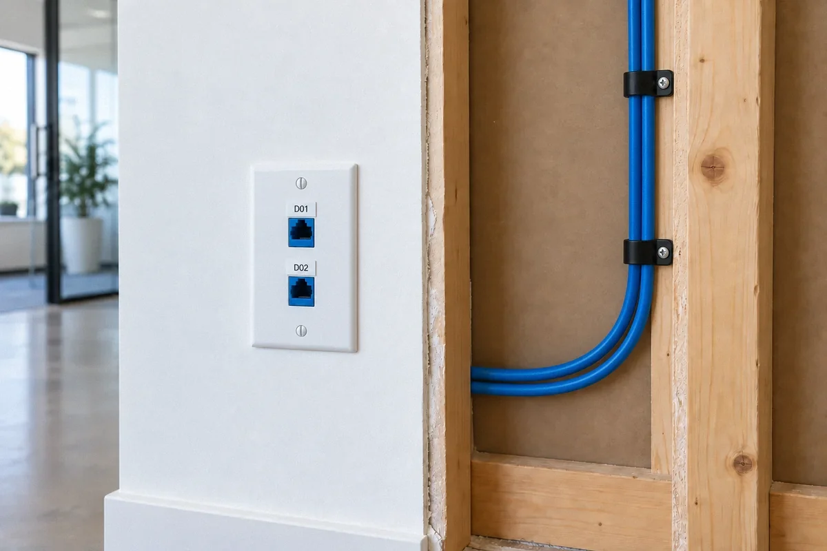 Illustration of Ethernet wall jacks and organized data cables inside an open wall cavity