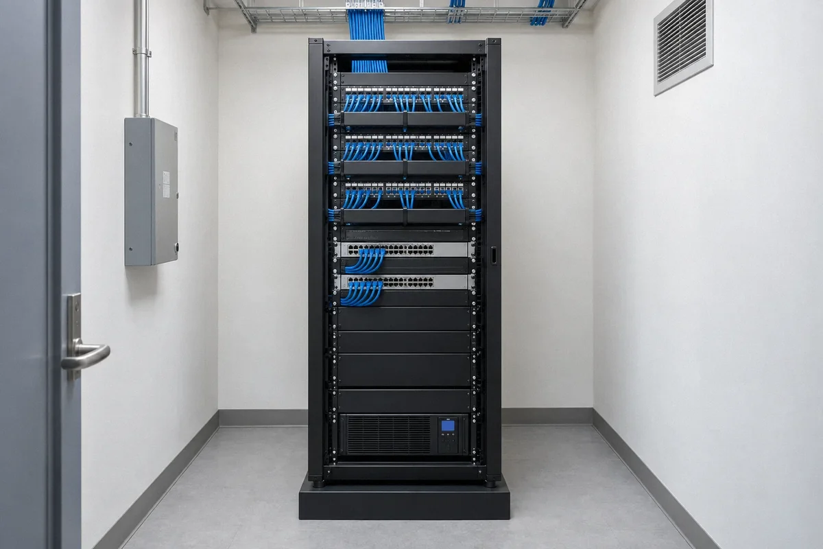 Illustration of a dedicated network closet with a floor-standing rack, patch panels, switches, and backup power