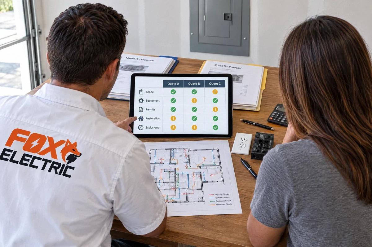 Illustration of a Fox Electric technician and homeowner comparing proposal scopes, equipment, permits, restoration, and exclusions on a tablet