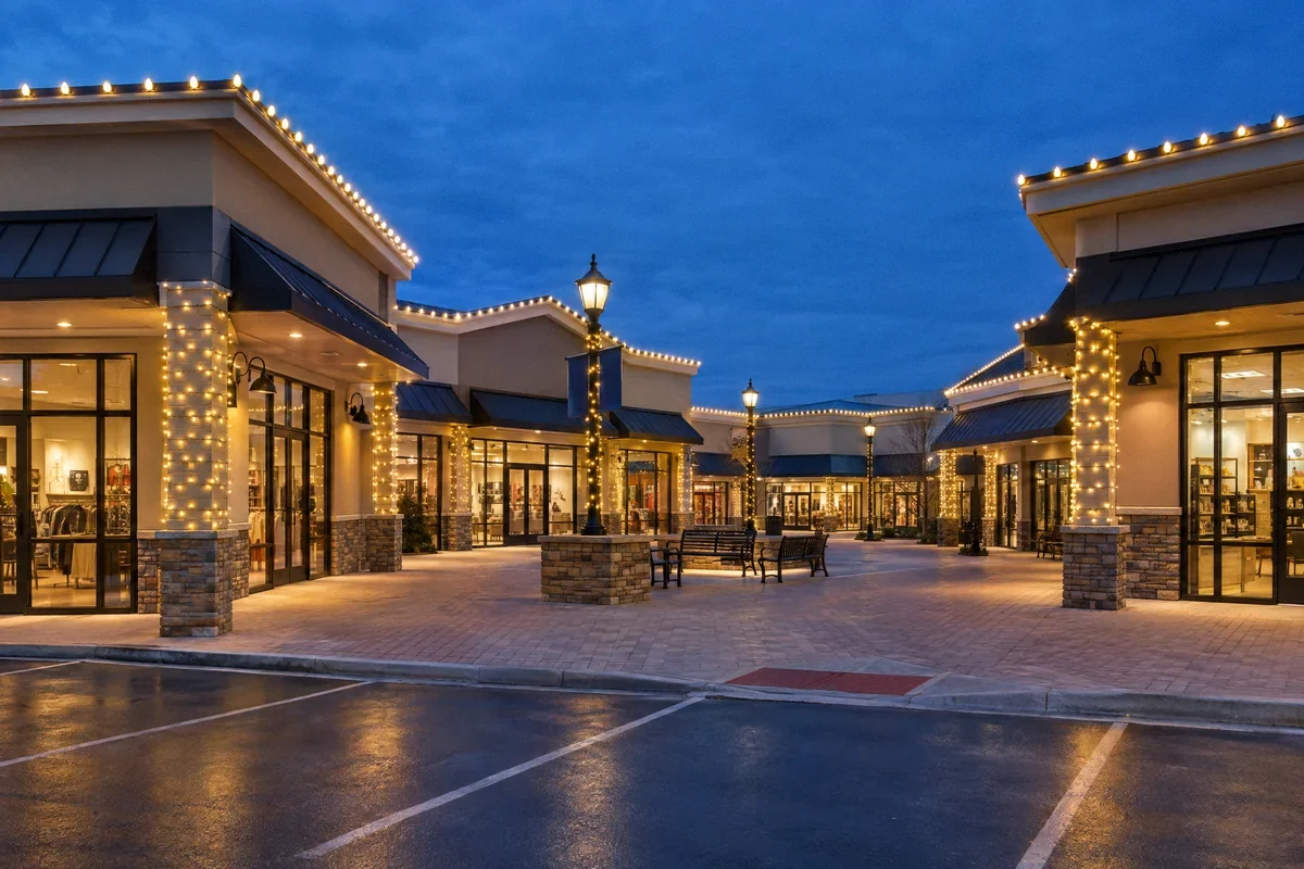 Illustration of seasonal lighting across storefronts and a shared commercial courtyard