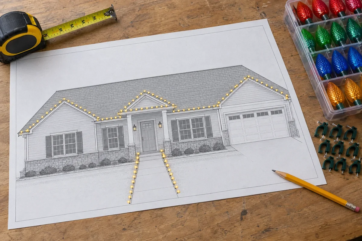Illustration of a holiday lighting layout drawing with roofline bulb samples and mounting clips