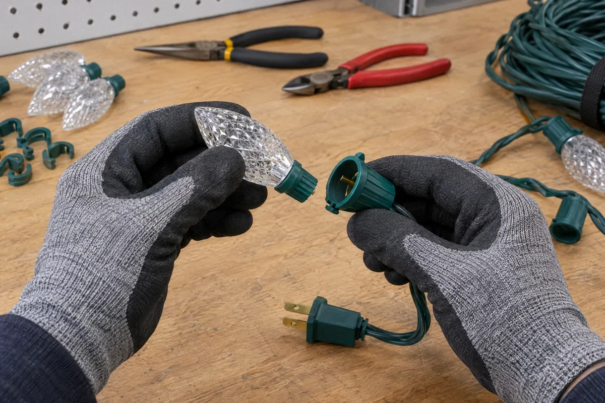 Illustration of inspection of an unplugged holiday light strand with spare bulbs