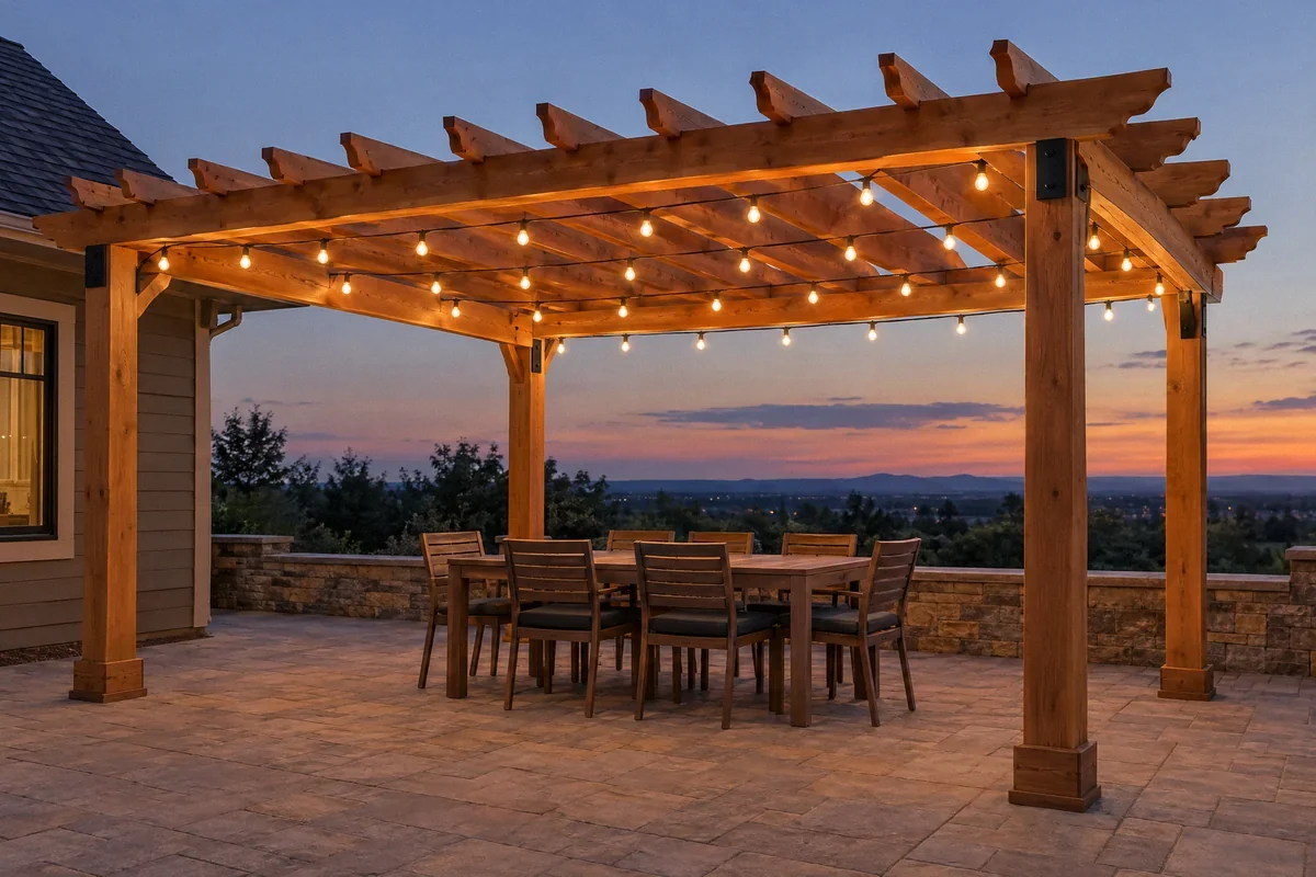 Illustration of string lights suspended across an outdoor pergola and patio