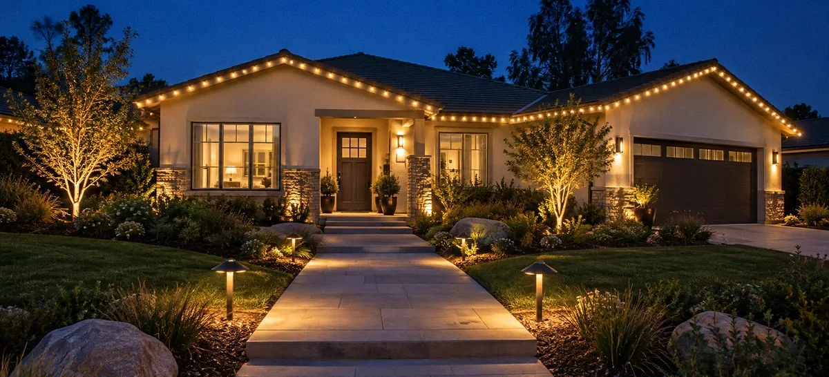 AI-generated illustration of illuminated roofline and pathway lighting outside a home