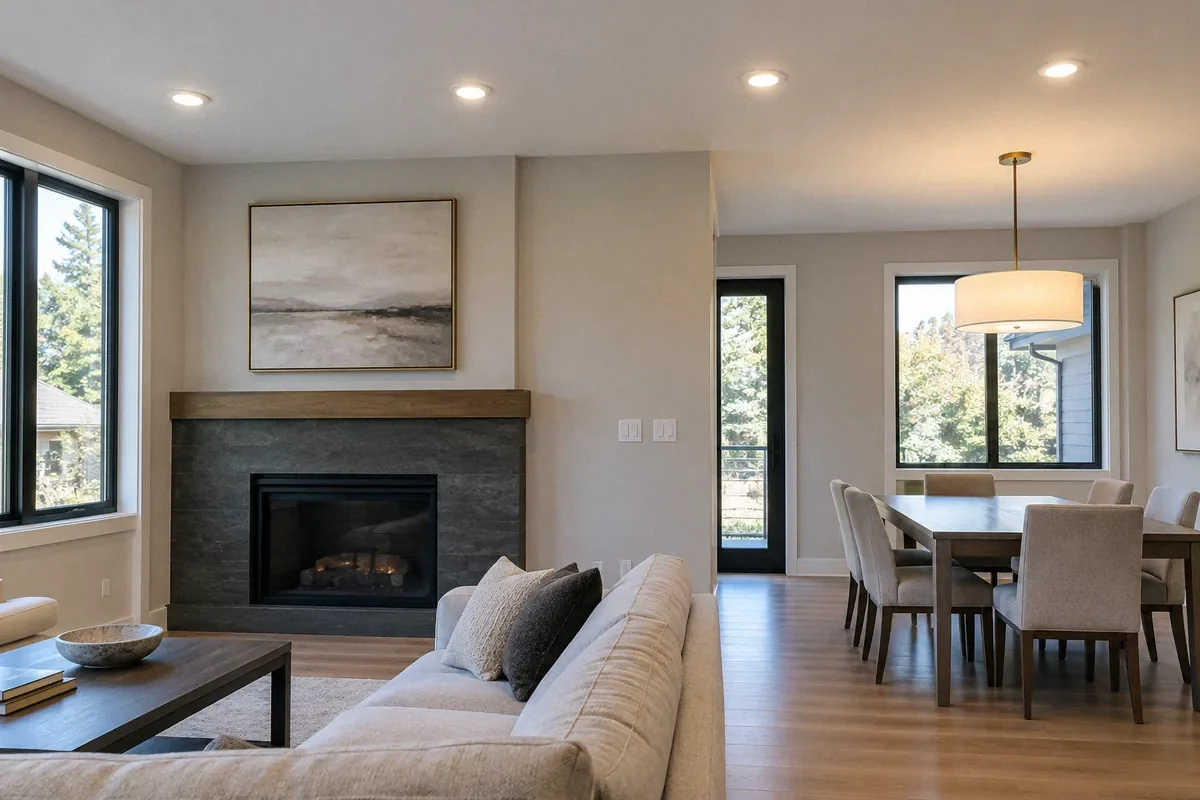 AI-generated illustration of installed recessed and pendant lighting in a home