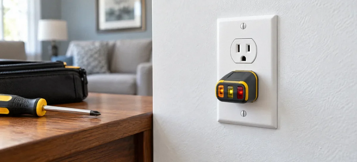 AI-generated illustration of a plug-in tester at a residential wall outlet