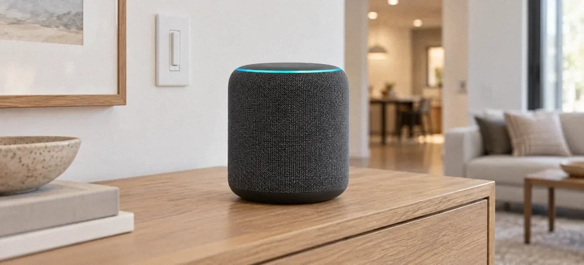 Illustration of a smart speaker with an illuminated status ring