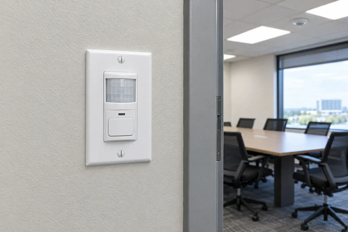 Illustration of an occupancy-sensor switch controlling commercial LED lighting