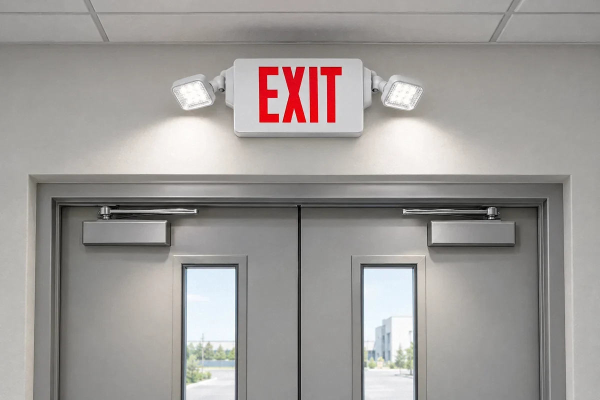 Illustration of a combination LED exit sign and emergency light above commercial doors