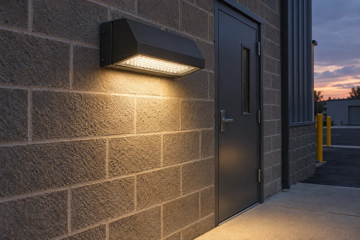 Illustration of an LED wall-pack fixture lighting a commercial service entrance