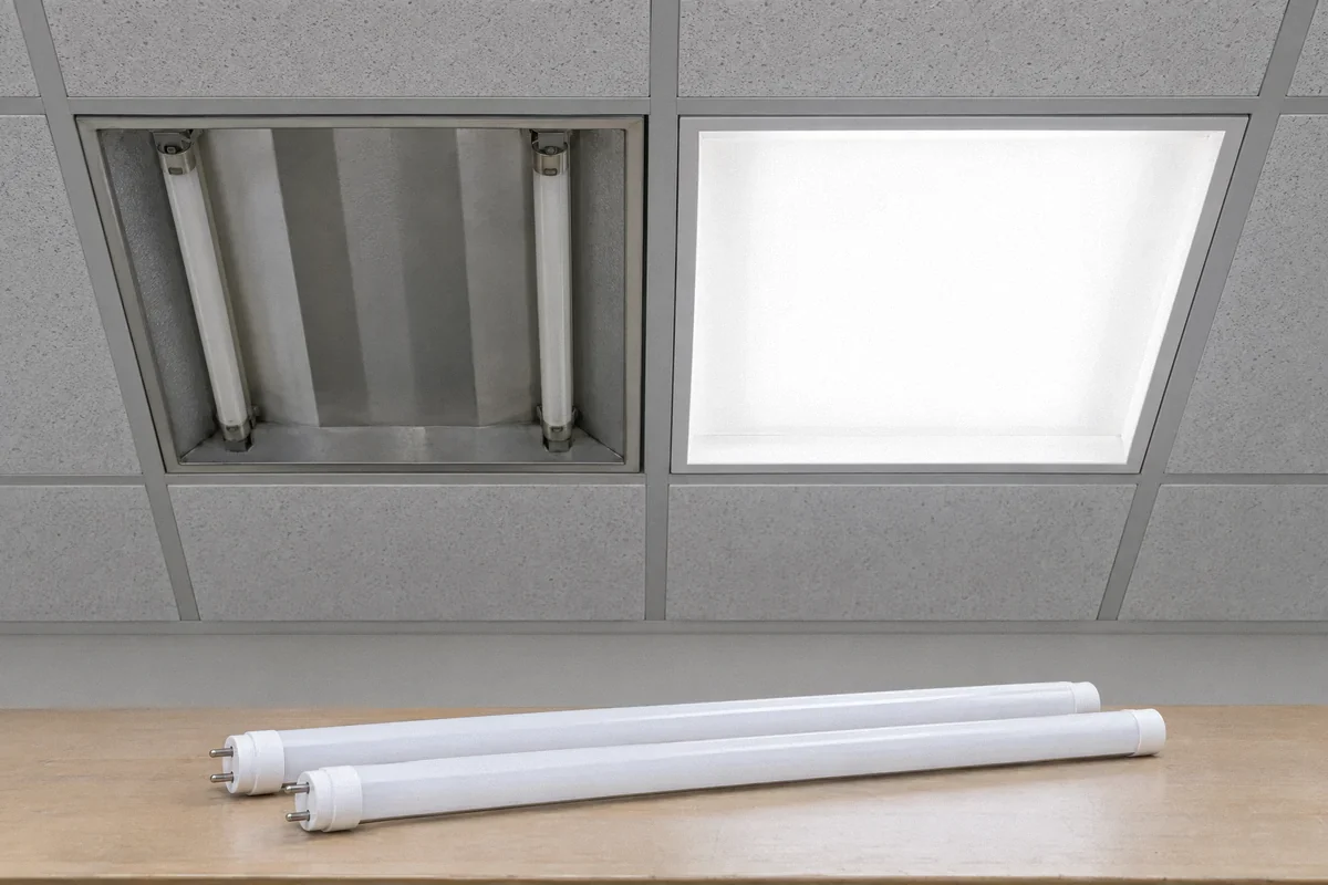 Illustration of fluorescent and LED ceiling fixtures in a commercial office