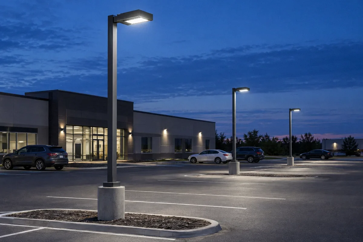 Illustration of pole-mounted LED fixtures illuminating a commercial parking lot
