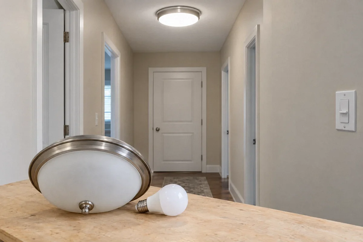 Illustration of a residential LED ceiling fixture and older lighting equipment prepared for replacement