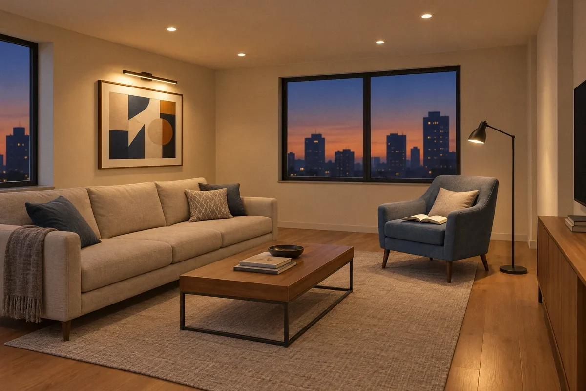 AI-generated illustration of a living room with ceiling lights, a reading lamp, and accent lighting