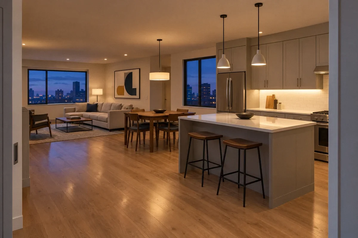 AI-generated illustration of coordinated ceiling, island, and under-cabinet lighting across a kitchen, dining area, and living room